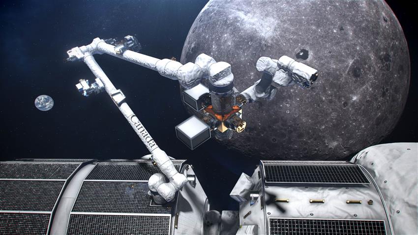 An artist's concept of Canadarm3's large arm on the Lunar Gateway (Credits: CSA, NASA)